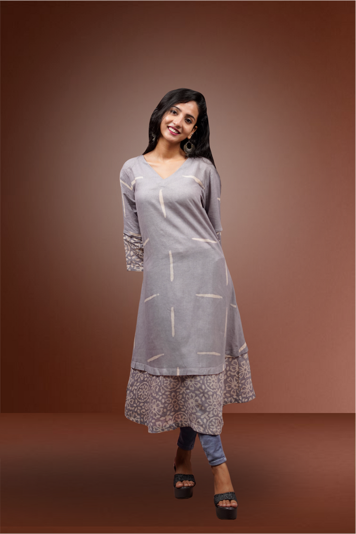 Dove Grey Color Linen Floral Printed Kurtie