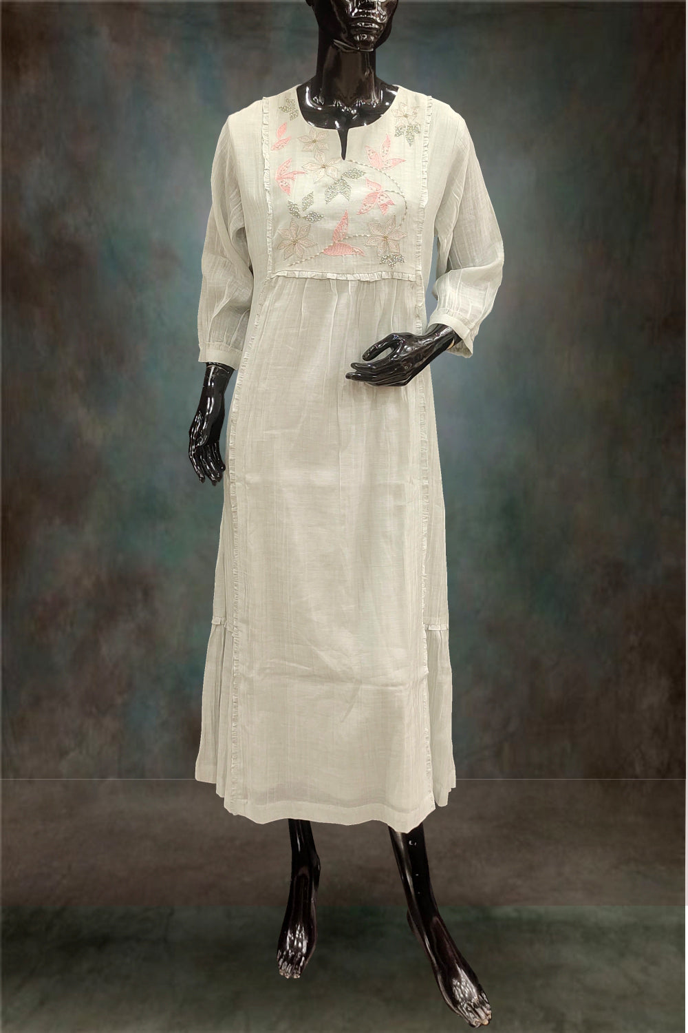 Pure Linen Embroidered with Pearl Work Gown