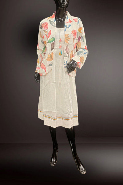 White Linen Floral Printed Kurti with Detachable Jacket