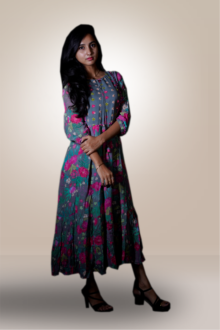 Grey Coloured Flowing Indian Printed Long Gown