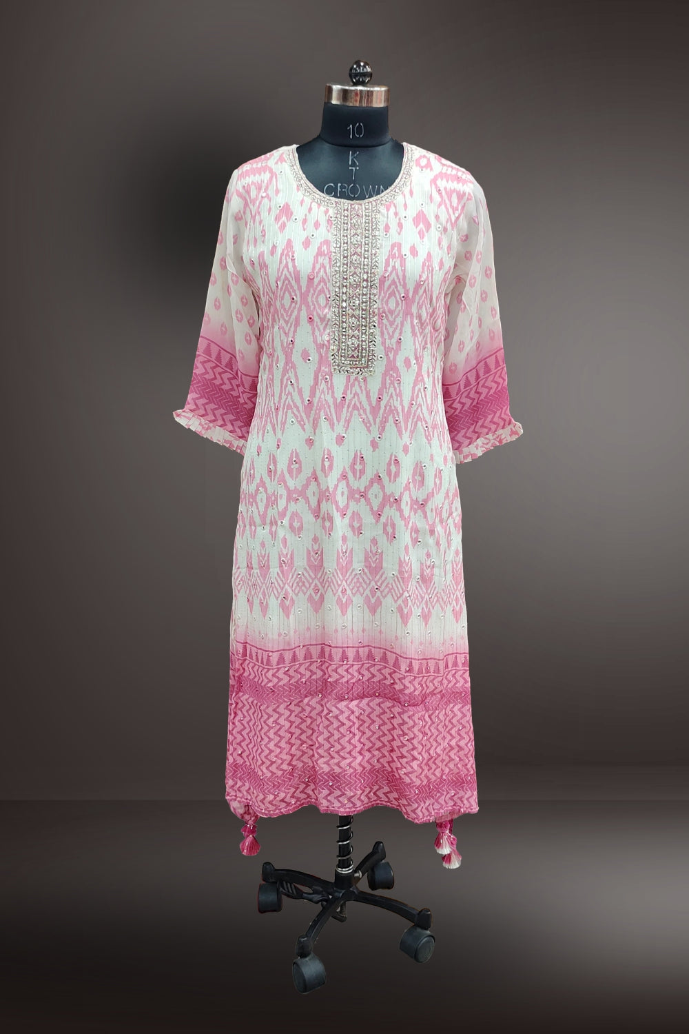 Pink Georgette Ikat Printed with Mirror Embroidered Kurti