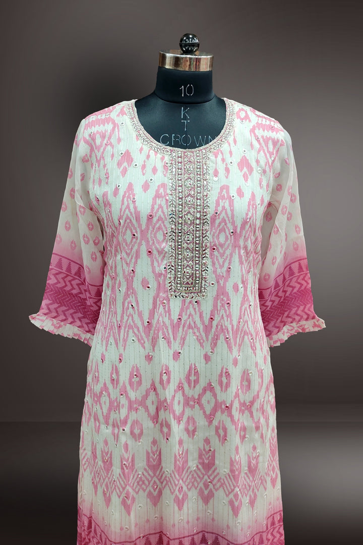 Pink Georgette Ikat Printed with Mirror Embroidered Kurti