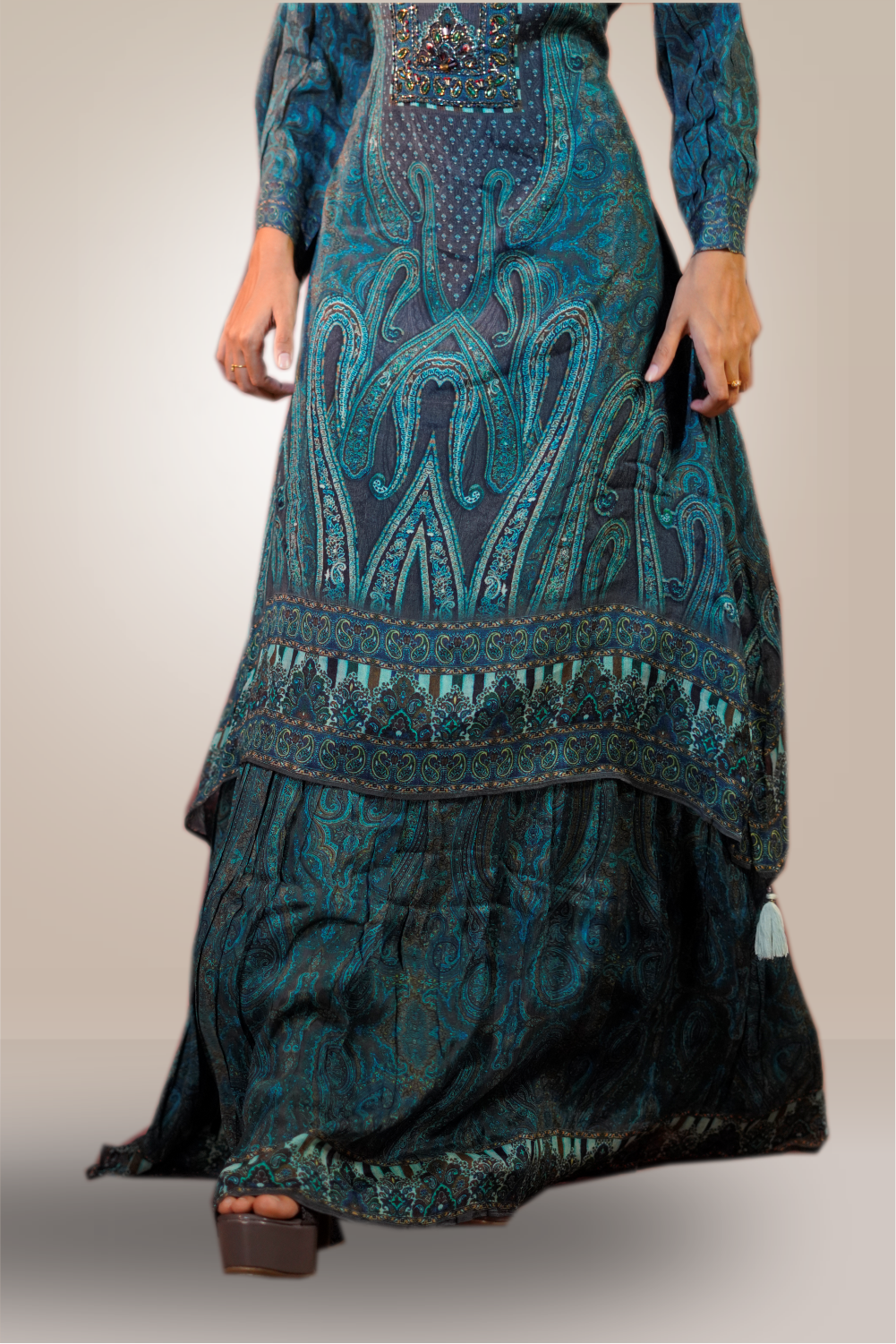 Peacock Blue Color Flowing Thread  Embroidery Weaving Long Gown