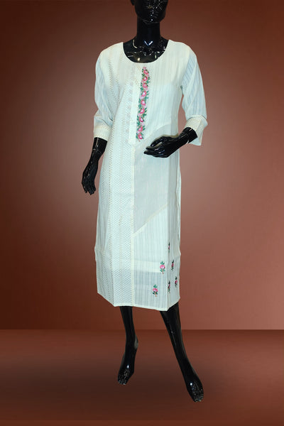 White Color Floral Embroidered Cotton Kurti