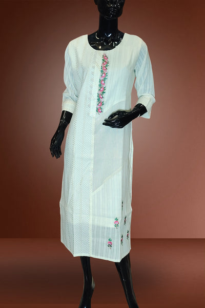 White Color Floral Embroidered Cotton Kurti