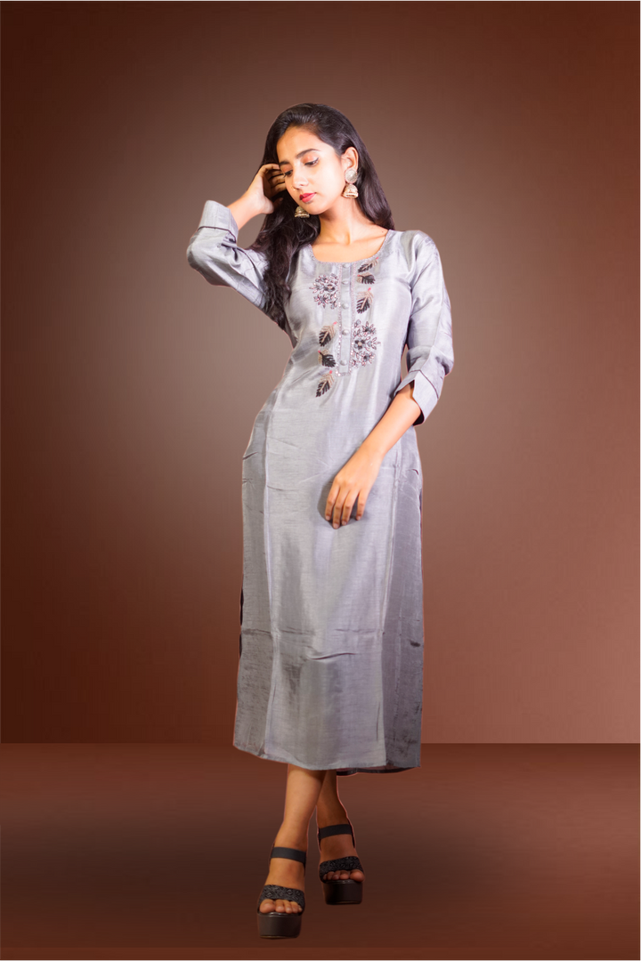 Grey Color Silk Beads Worked Kurtie