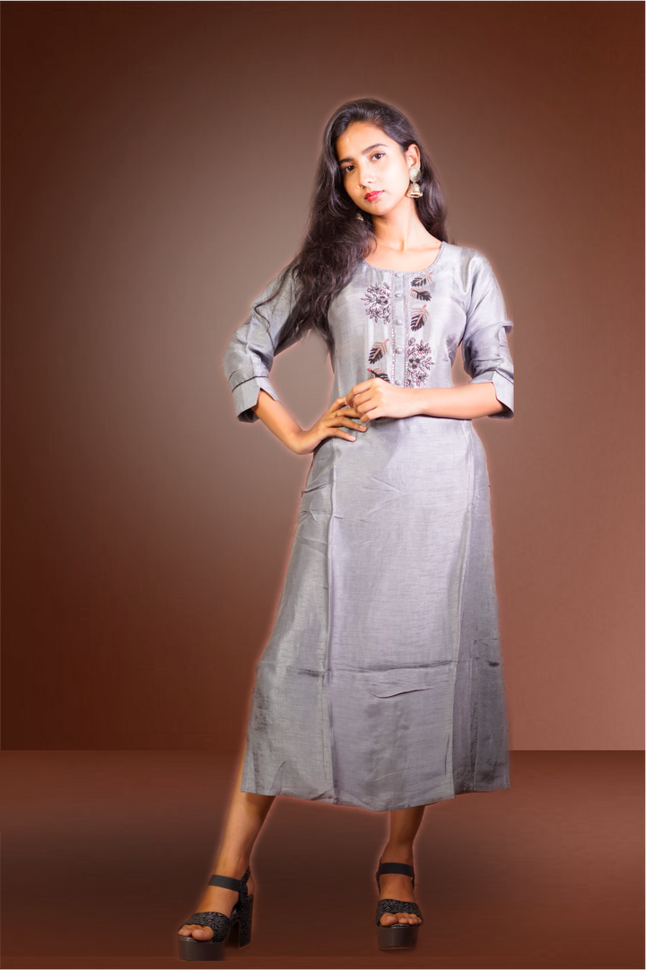 Grey Color Silk Beads Worked Kurtie