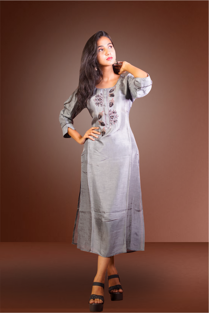 Grey Color Silk Beads Worked Kurtie