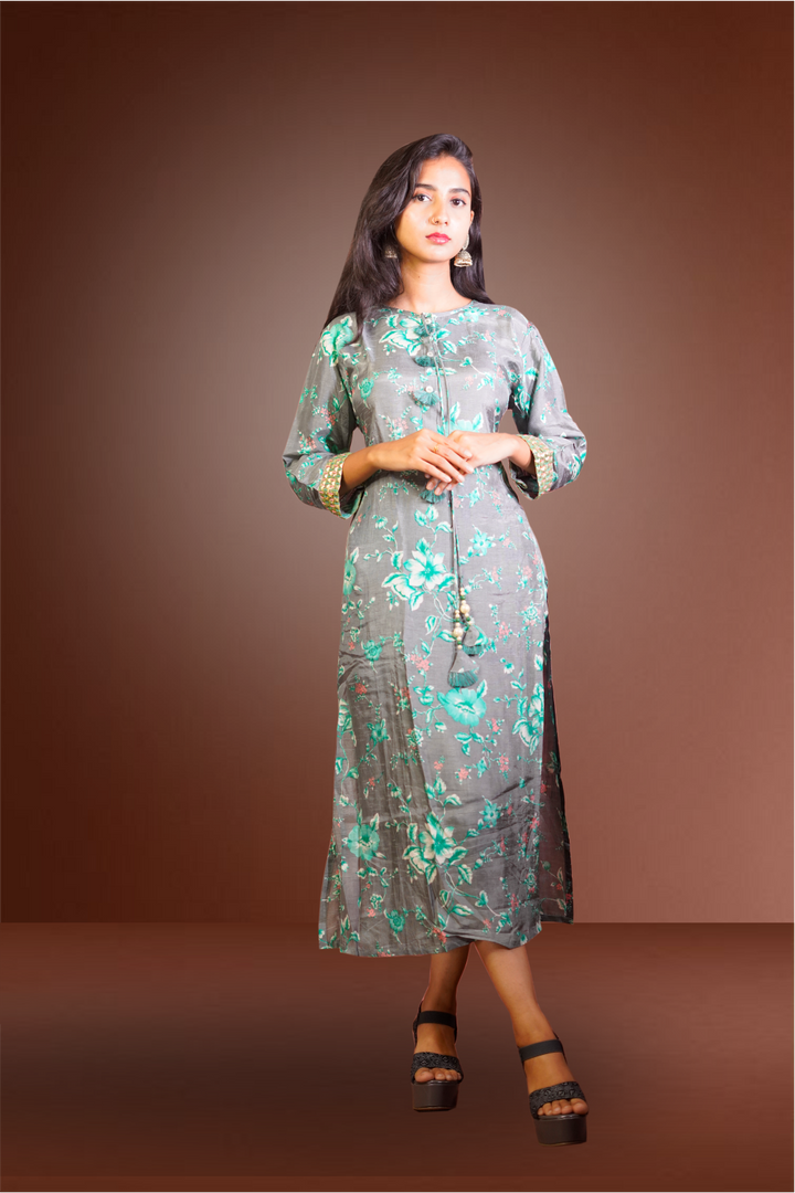 Grey Color Cinon Silk Floral Printed Kurtie