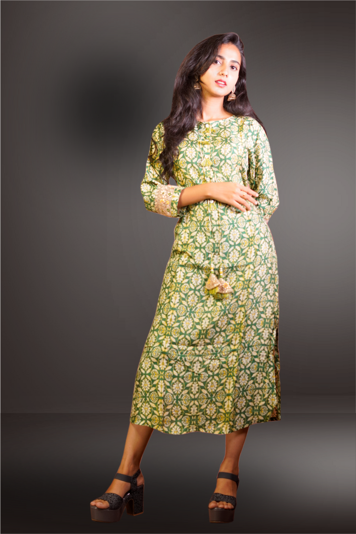 Green Color Cinon Silk Floral Printed Kurtie