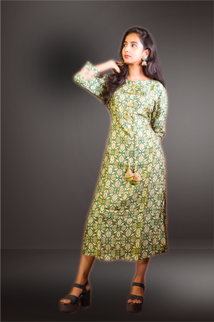 Green Color Cinon Silk Floral Printed Kurtie