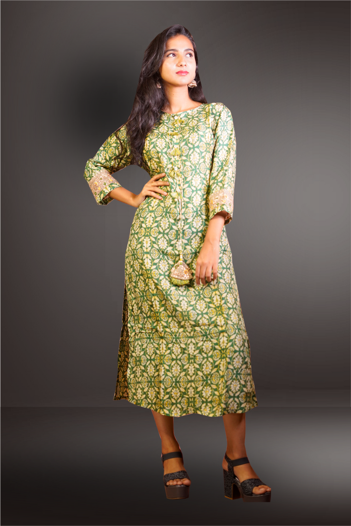 Green Color Cinon Silk Floral Printed Kurtie