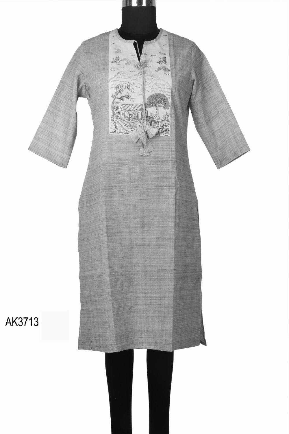 Grey Cotton Printed Kurti with Embroidered Neckline