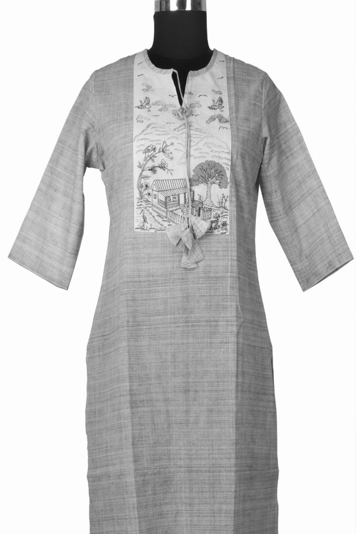 Grey Cotton Printed Kurti with Embroidered Neckline