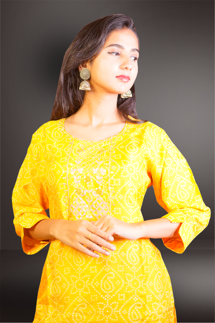 Yellow Color Chanderi  Gota Patti Embroidered Kurtie