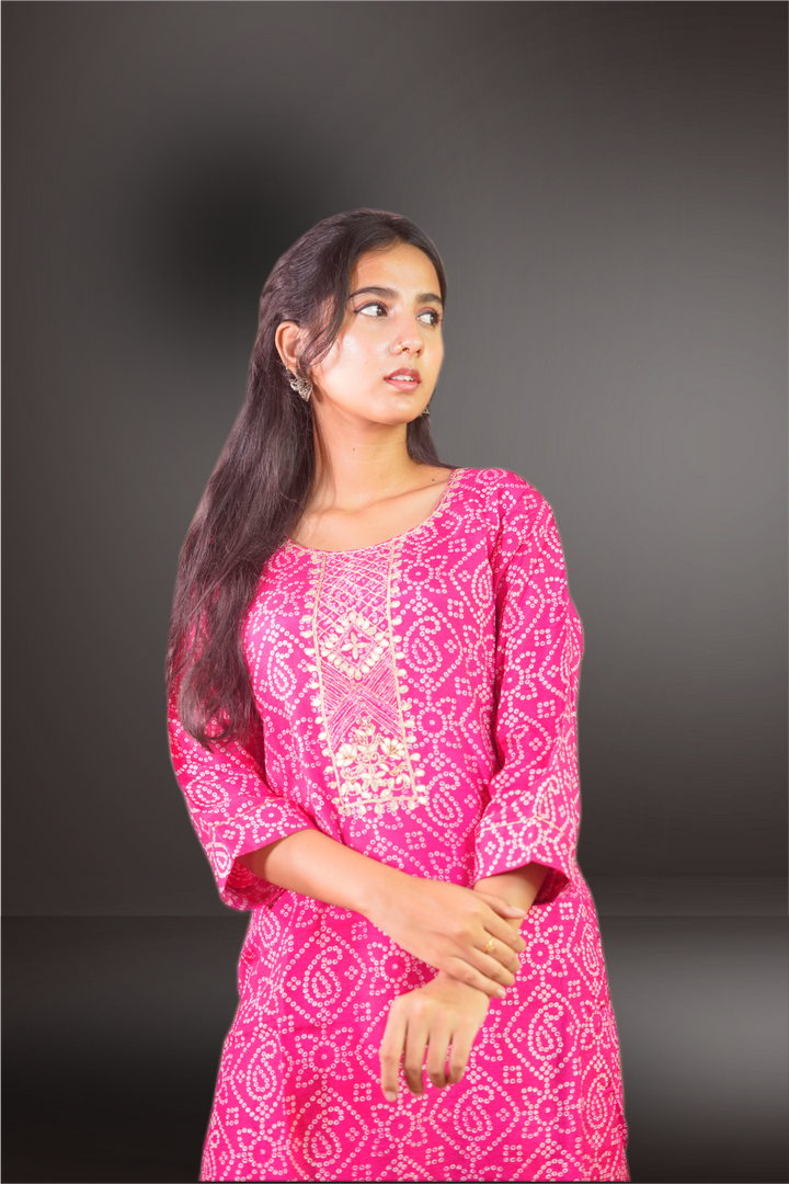 Pink Color Cinon Silk Bandhini Design Gota Patti Worked kurti