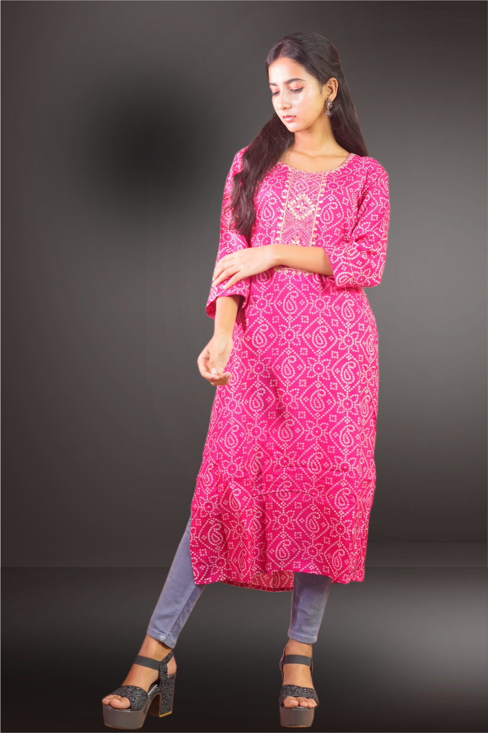 Pink Color Cinon Silk Bandhini Design Gota Patti Worked kurti