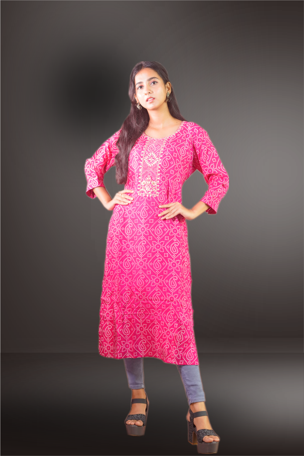 Pink Color Cinon Silk Bandhini Design Gota Patti Worked kurti