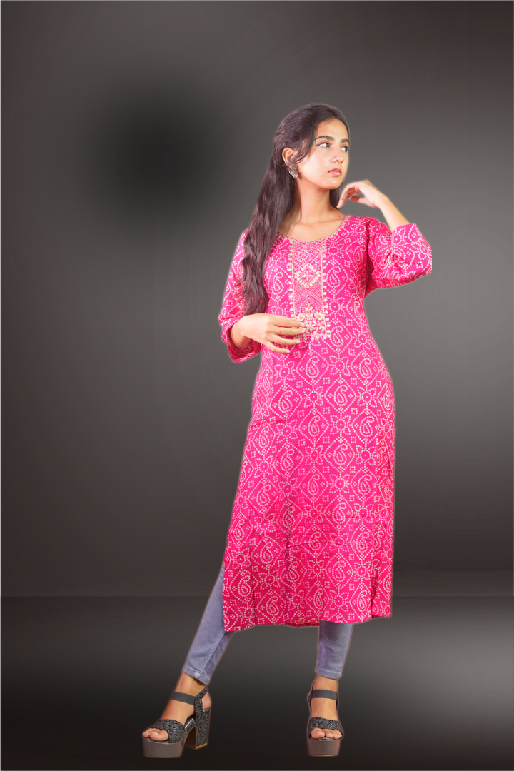 Pink Color Cinon Silk Bandhini Design Gota Patti Worked kurti