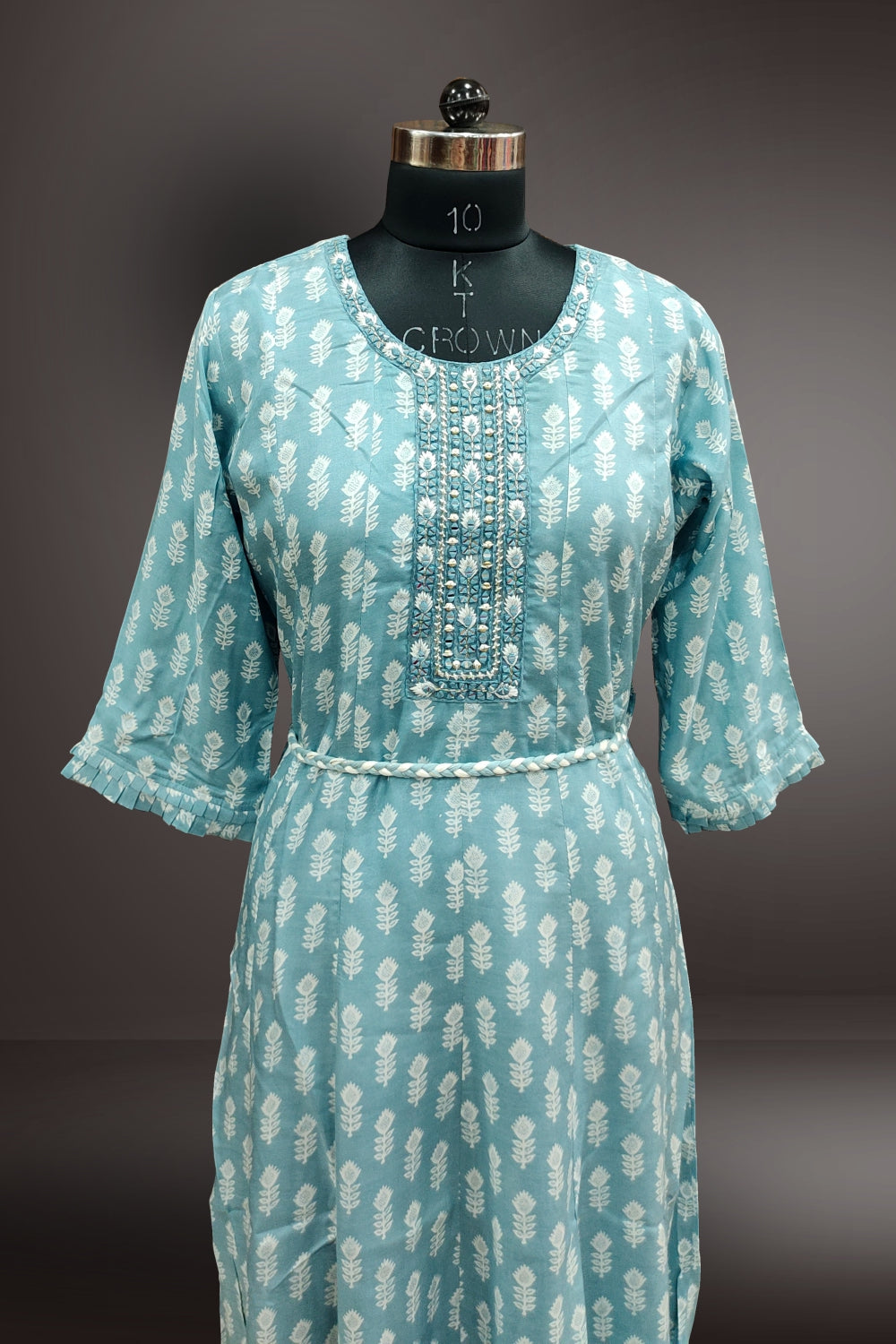 Sky Blue Chanderi Printed with Mirror Embroidered Gown