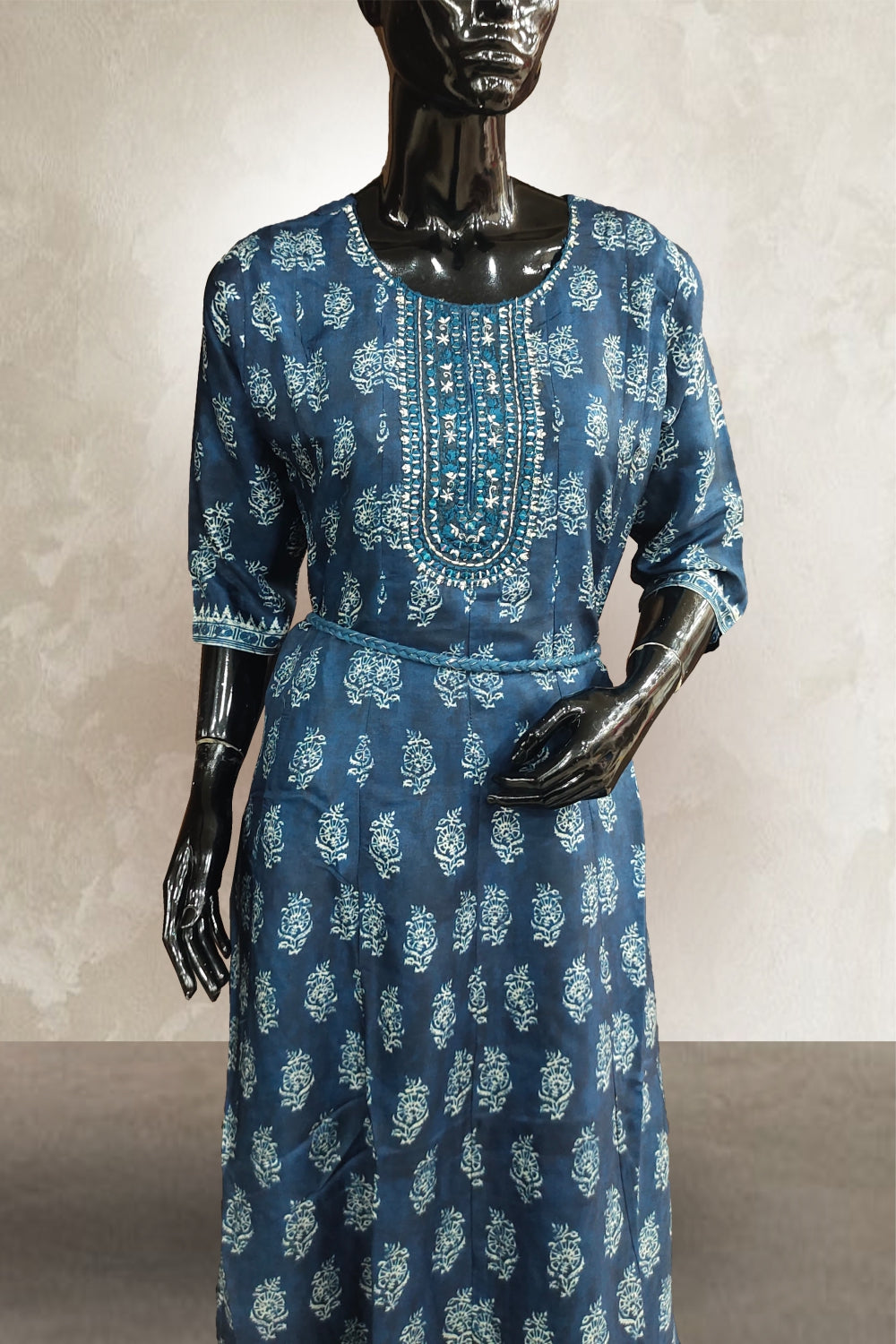 Dark Blue Chanderi Printed with Mirror Embroidered Gown