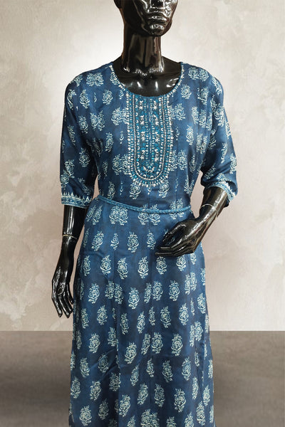 Dark Blue Chanderi Printed with Mirror Embroidered Gown