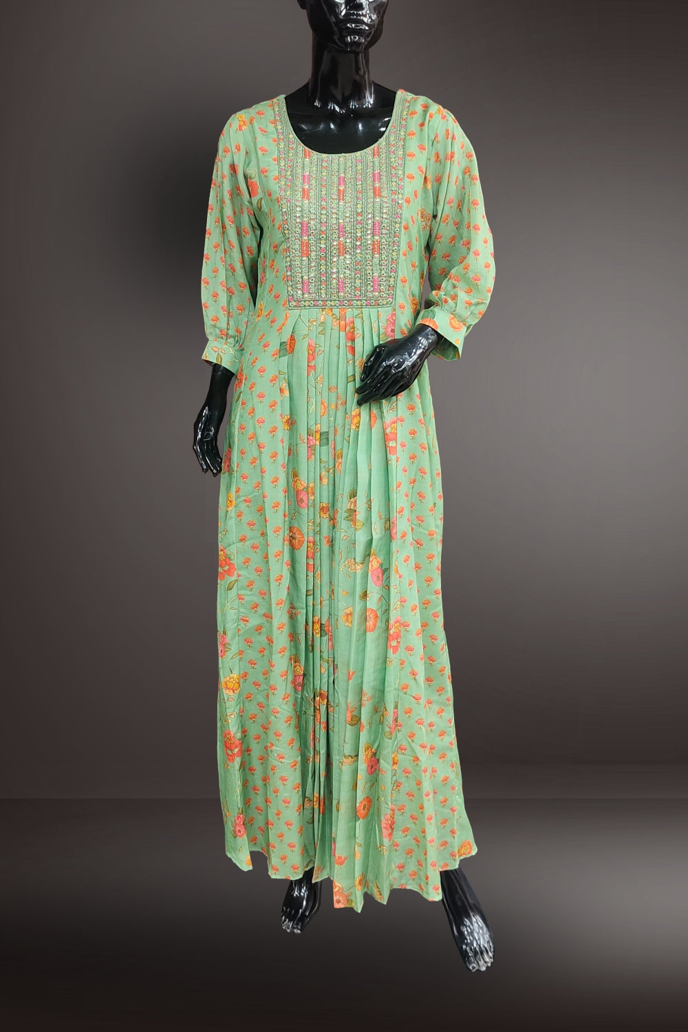 Chanderi Floral Printed with Mirror Embroidered Gown