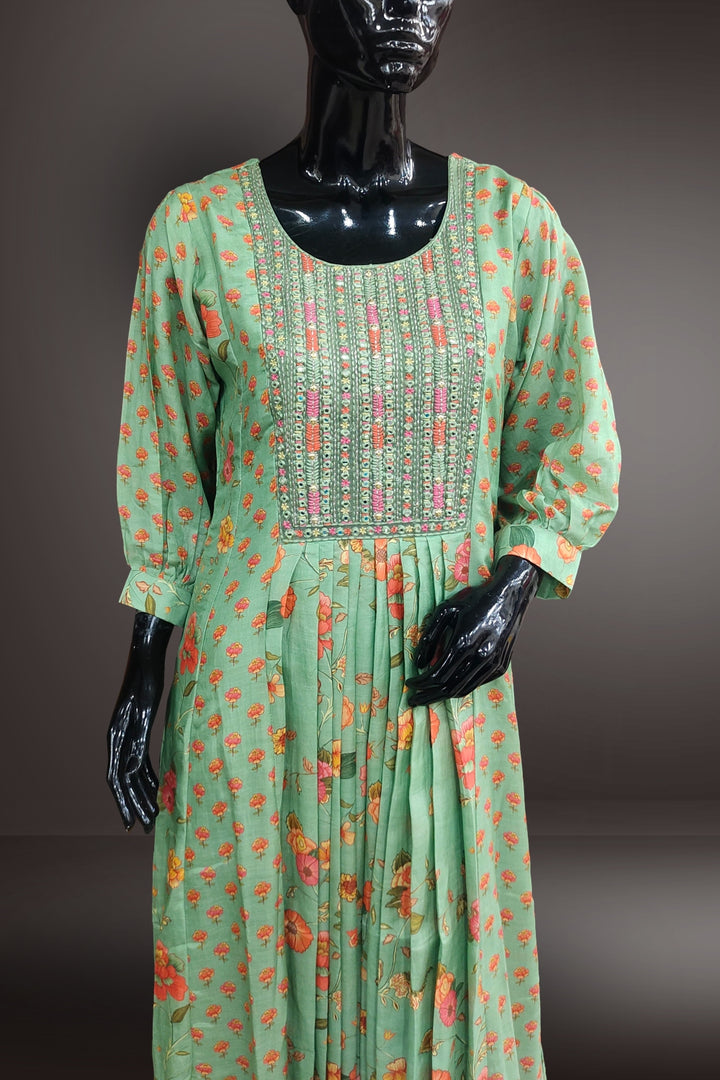 Chanderi Floral Printed with Mirror Embroidered Gown