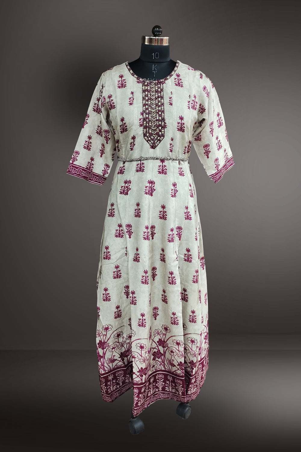Violet Chanderi Printed with Mirror Embroidered Gown