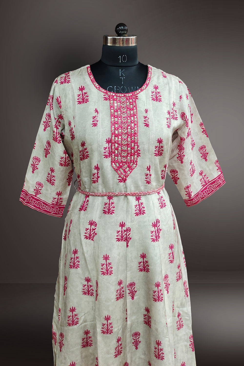 Pink Chanderi Printed with Mirror Embroidered Gown