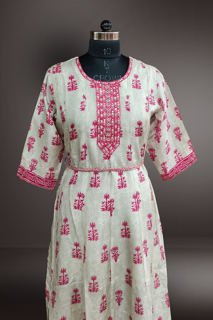 Pink Chanderi Printed with Mirror Embroidered Gown