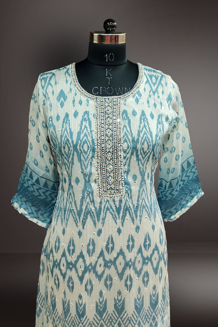 Light Blue Georgette Ikat Printed with Mirror Embroidered Kurti
