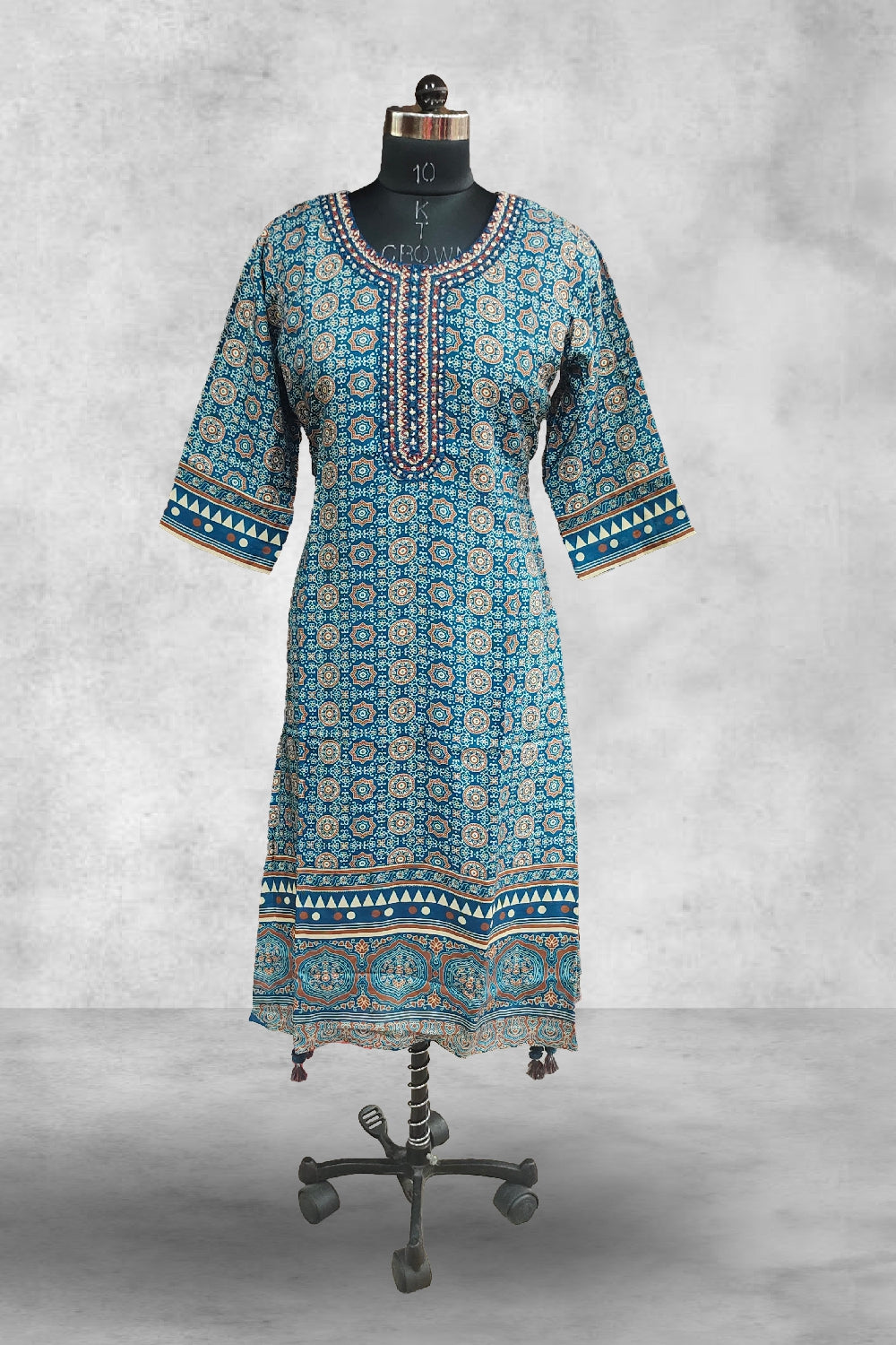 French Blue Dola Silk Printed with Mirror Embroidered Kurti