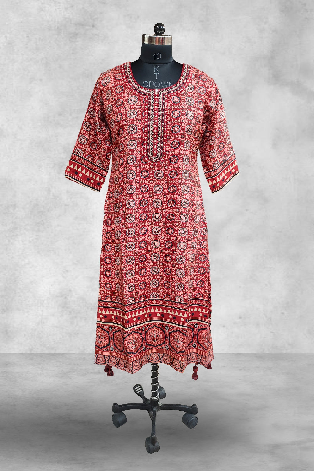 Red Dola Silk Printed with Mirror Embroidered Kurti
