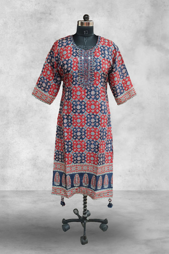 Multicolor Russian Silk Printed with Mirror Embroidered Kurti