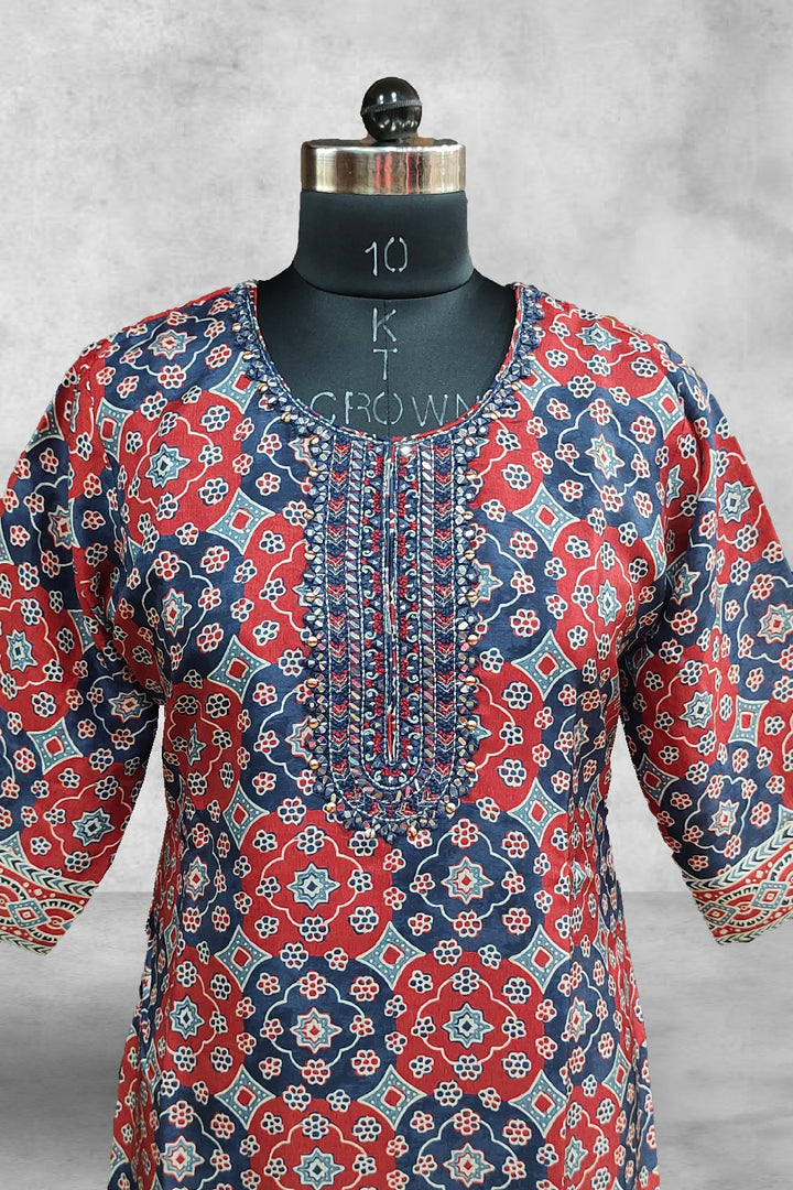 Multicolor Russian Silk Printed with Mirror Embroidered Kurti