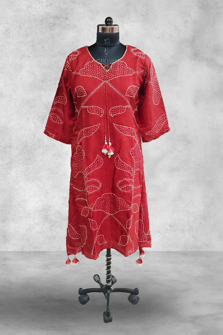 Silk Bhandani Printed with Beads Work Red Kurti