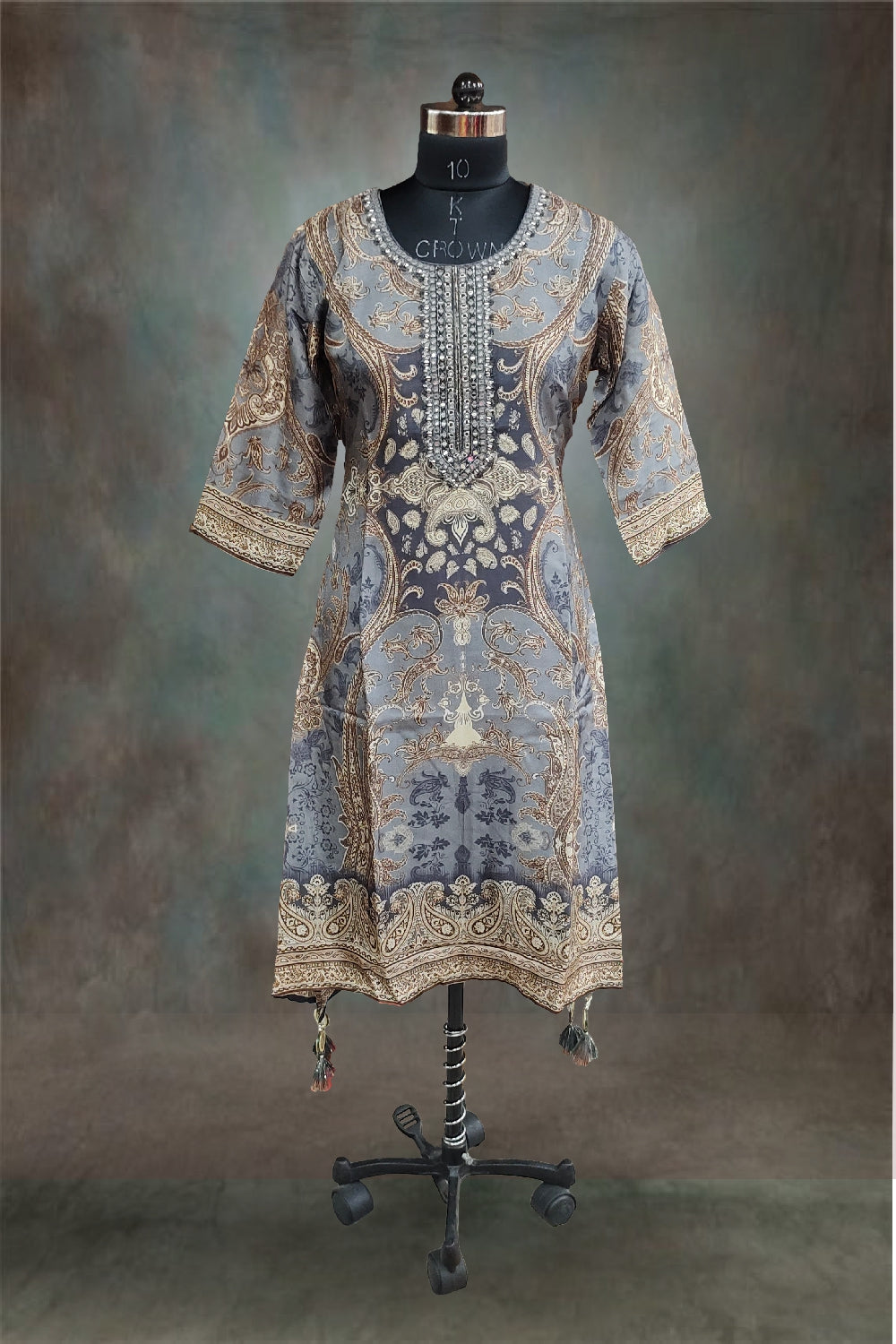 Grey Russian Silk Printed with Mirror Embroidered Kurti