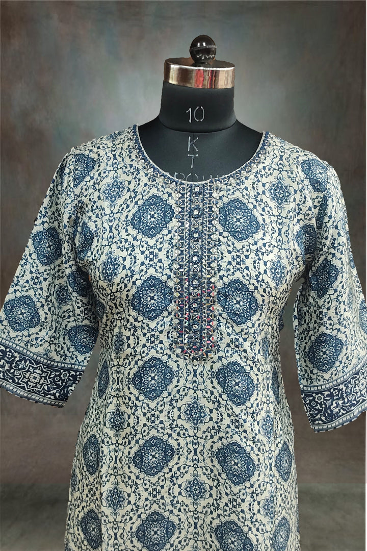 Russian Silk Printed with Mirror Embroidered Kurti
