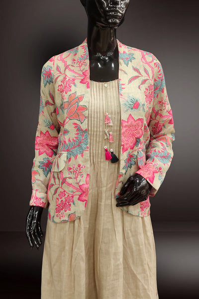 Linen Floral Printed Kurti with Detachable Jacket