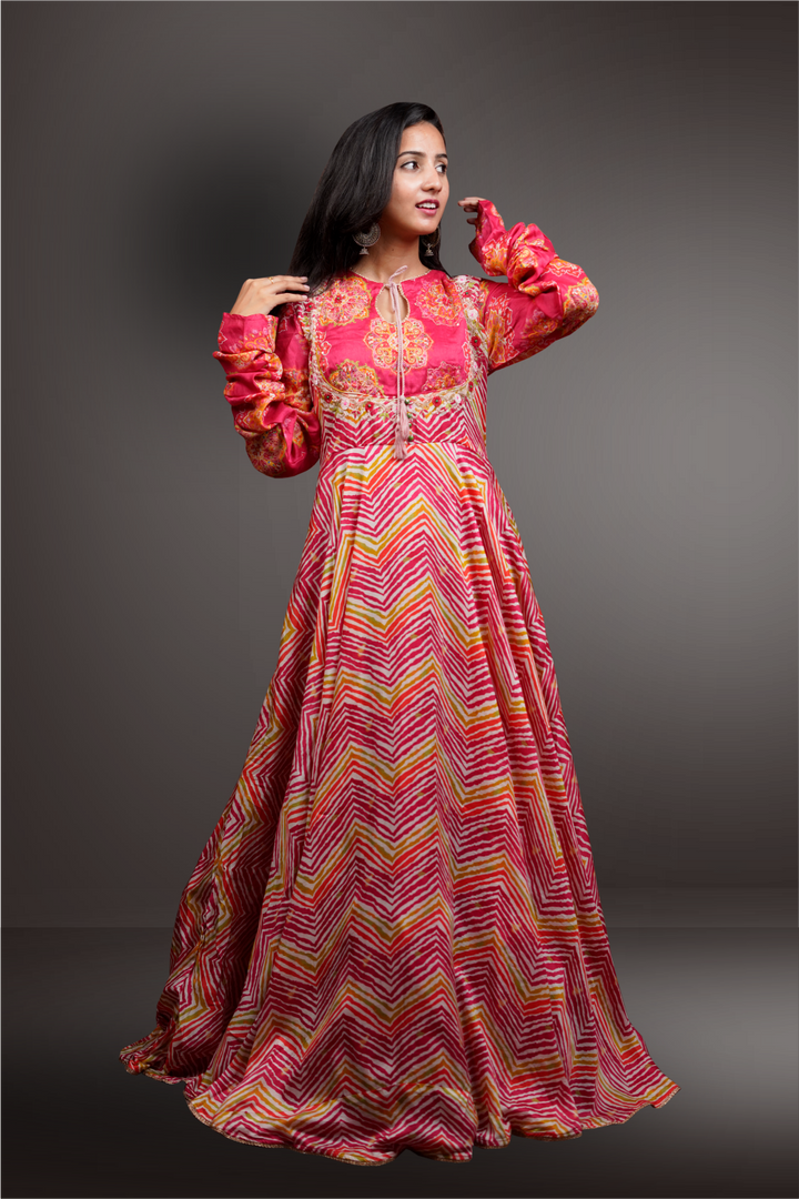 Chanderi Red Color Embroidery Work And Ruched Sleeves Long Gown