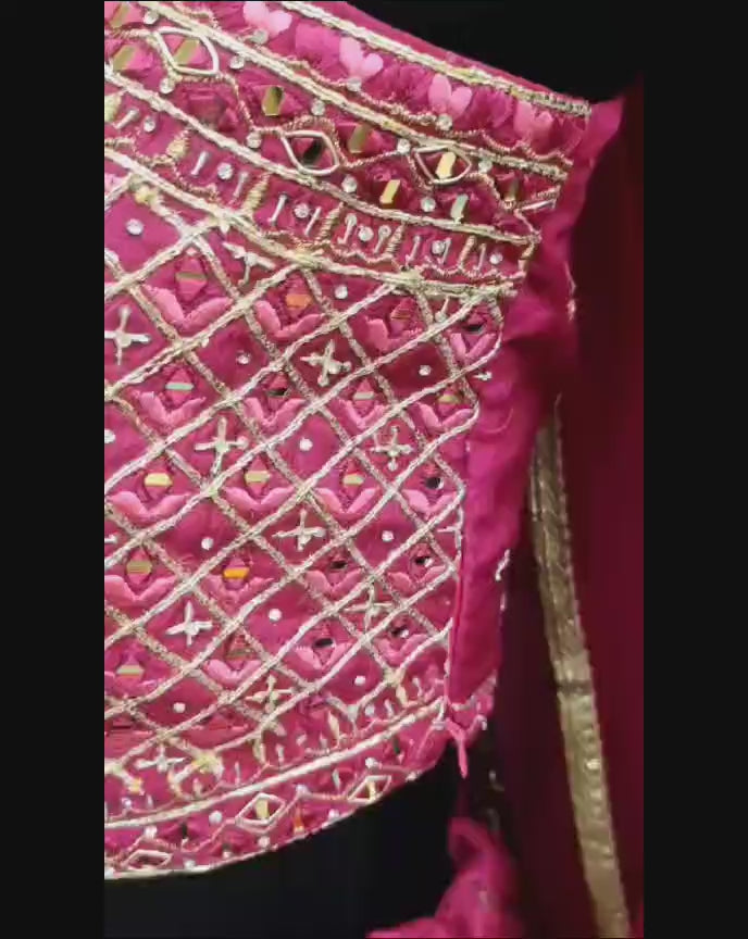 Dark Pink Thread Embroidery Mirror Work Lehenga