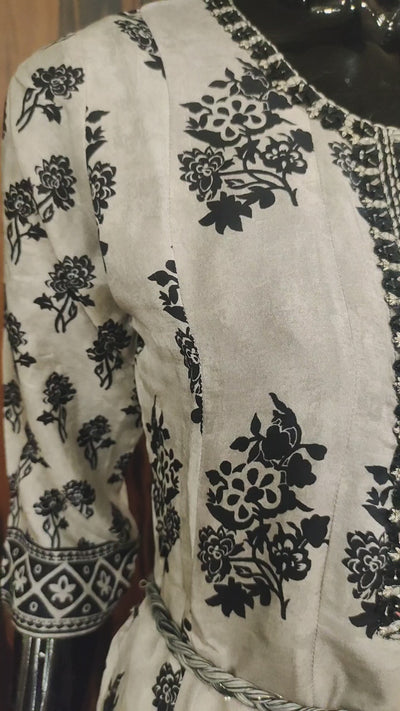 Chanderi Printed with Mirror Embroidered Grey Gown