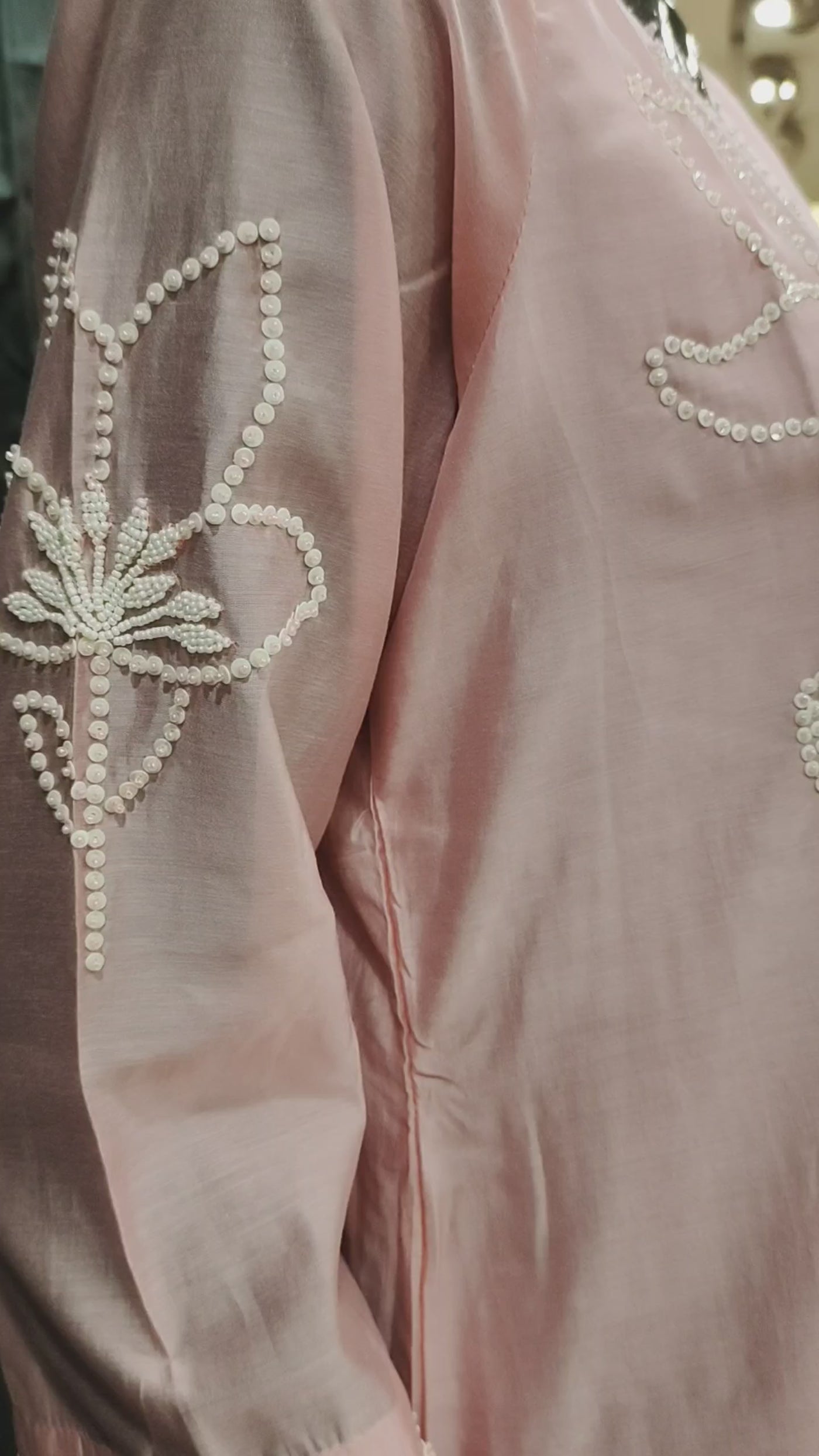 Maheshwari Silk Baby Pink Sequins Pearl Work Salwar Kameez