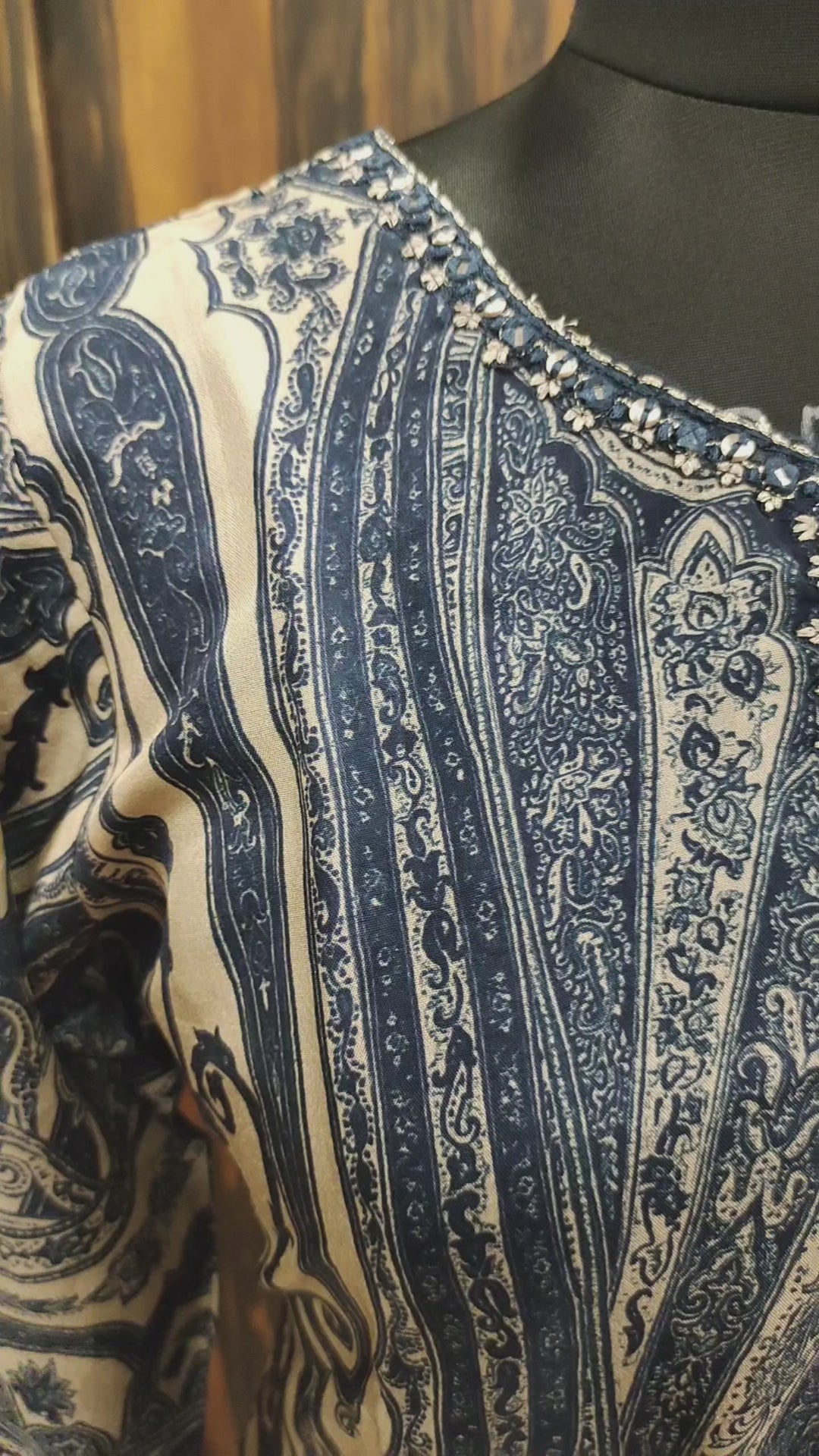 Dark Blue Russian Silk Printed with Mirror Embroidered Kurti