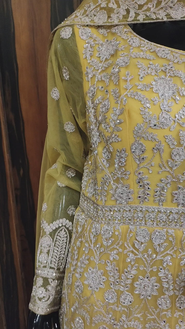 Yellow Net Embroidered with Stone Work Anarkali Suit