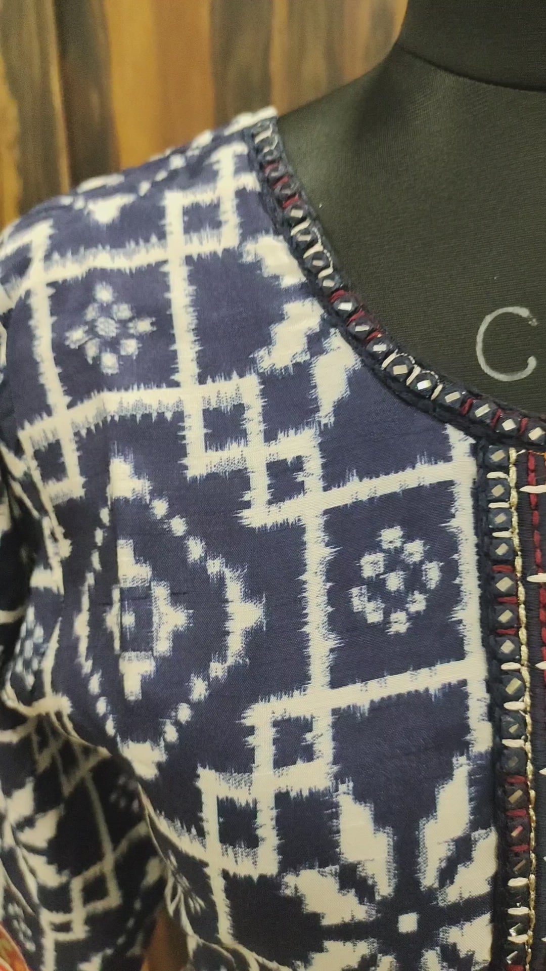 Dark Blue Silk Ikat Printed with Mirror Embroidered Kurti